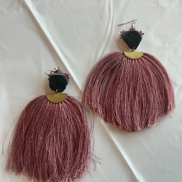 Clay Doll Face Tassel Earrings in Purple GUC - Picture 2 of 2